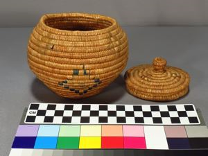 Image: Coiled Grass Basket [Mingqaaq] with Gustkin Decoration and Lid